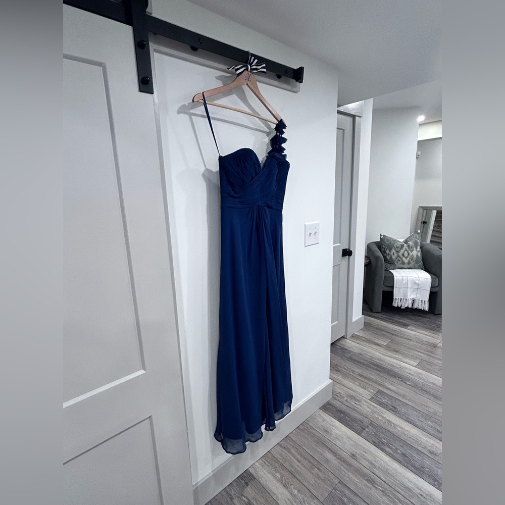 Allure Bridals bridesmaids navy blue dress size 8 prom formal long one shoulder